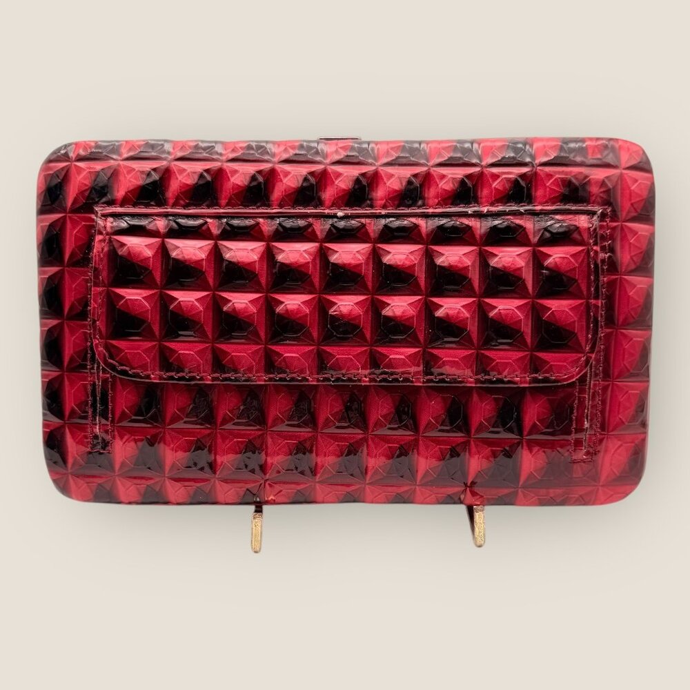 Red Textured Geometric Wallet With Card Slots Snap Closures
